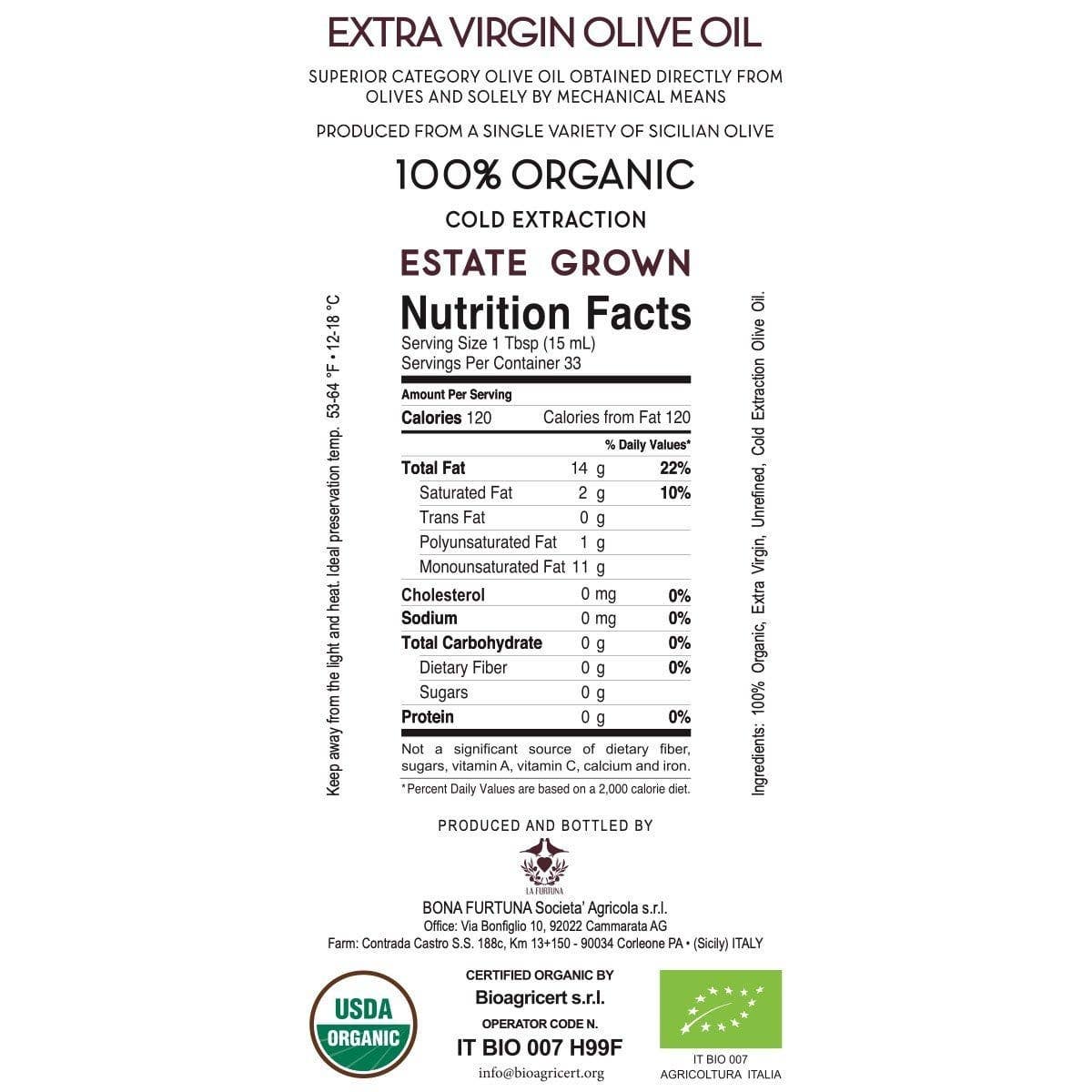 Olive Oil, Bona Furtuna Organic Biancolilla Centinara Extra Virgin Olive Oil