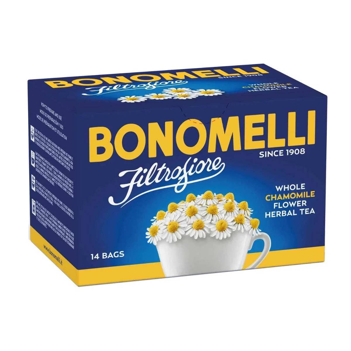 Box of Bonomelli whole chamomile flower herbal tea with a cup and flowers on the label.