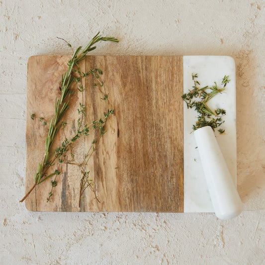 Mango wood and marble serving board w/pestle