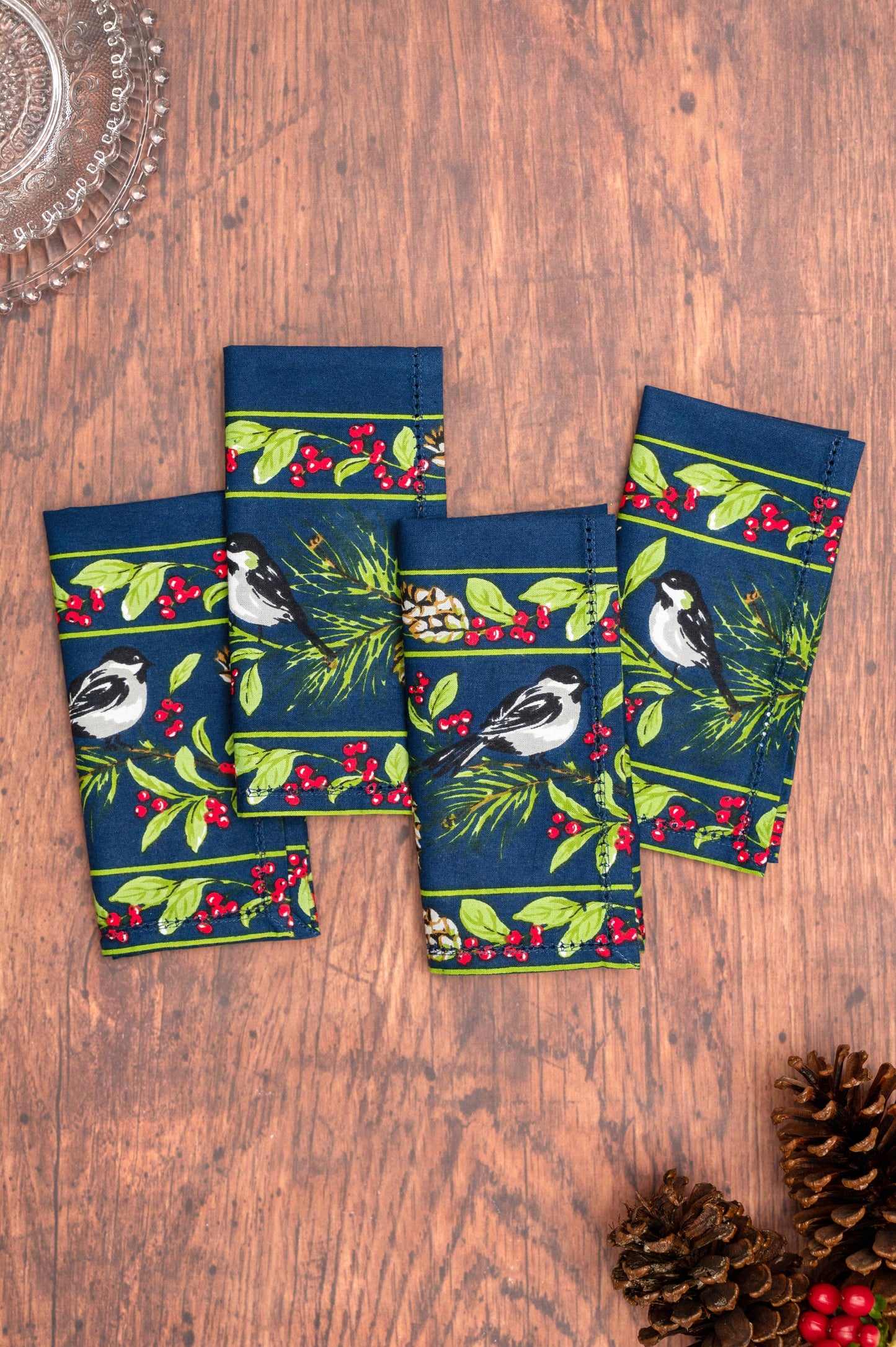 Napkin , Chickadee Luncheon Napkin Set of 4 - Navy