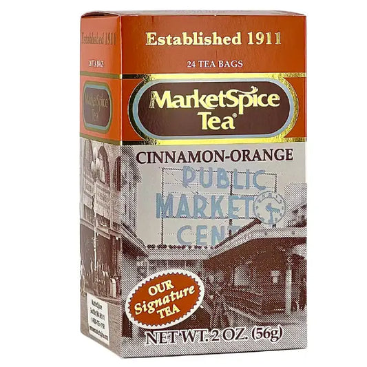 Market Spice Tea box for Cinnamon-Orange flavor with 'Public Market Center' branding.